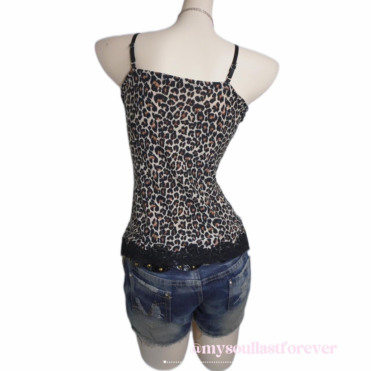 Vintage Sky Bomber gyaru aesthetic leopard print adjustable strap camisole with lace detailing - Mysoullastforever
