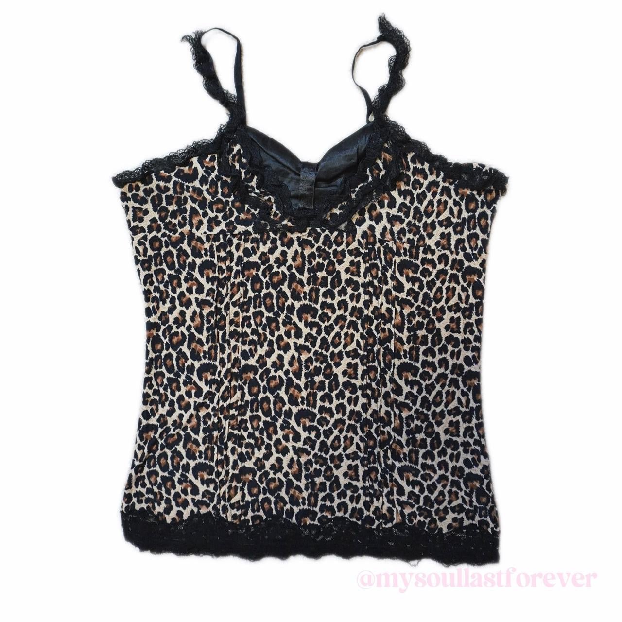 Vintage Sky Bomber gyaru aesthetic leopard print adjustable strap camisole with lace detailing - Mysoullastforever