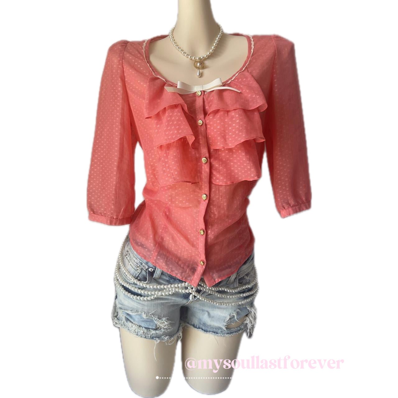 Vintage Pinky girls himekaji ruffle polka dot top blouse with ribbon detail - Mysoullastforever