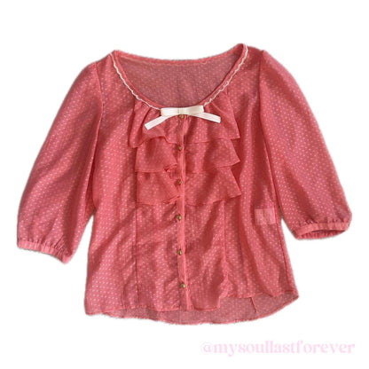 Vintage Pinky girls himekaji ruffle polka dot top blouse with ribbon detail - Mysoullastforever